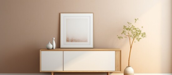 Poster - A rectangleshaped picture hangs on the wall above the wood dresser, adding a touch of interior design to the house. The plant on the dresser complements the overall cabinetry and building design