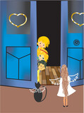 Fototapeta Boho - composition with children looking out the door and seeing an angel
