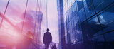 Fototapeta Sawanna - Minimalist Business Banner with Double Exposure, Blurred Business People and City Skylines. Blue and Purple Color theme. Ai generated