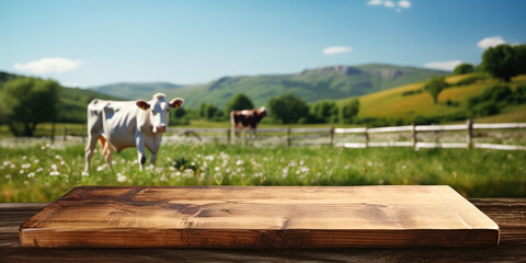 Wall Mural - Empty wooden table for product demonstration and presentation on the background of summer pasture with grazing cows. Banner