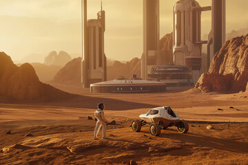 Wall Mural - futuristic human base on mars. mars rover and spaceman with cutting-edge design, mars bases and a ro