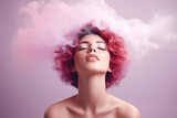 Fototapeta Sawanna - Beautiful Woman with pink smoke instead of her hair, her hair is actually smoke with pink purple colors, the woman has closed eyes and relaxed face, flat pastel color background. Ai generated