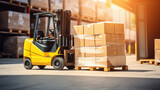 Fototapeta Sawanna - Yellow forklift loader pallet stacker truck equipment at warehouse. Ai generated