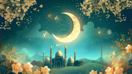 Wall Mural - majestic mosque silhouetted against the moon: ramadan kareem illustration with reflective waters - 3