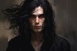 © Hanna Haradzetska - Portrait of a young male witch with intense eyes and long dark hair, age 28.