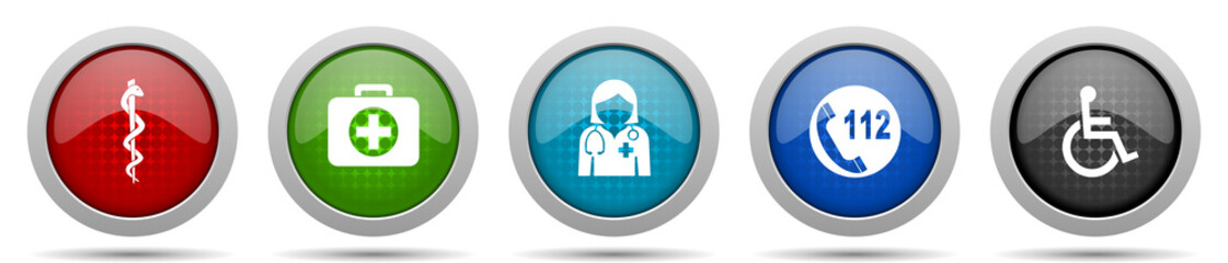 Aufkleber - Healthcare icons, miscellaneous buttons such as cadyceus, first aid, doctor, emergency call and wheelchair, circle glossy web icon collection
