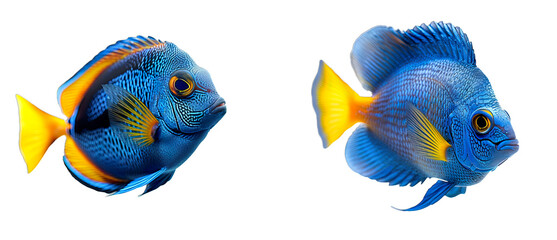 Blue tang isolated on transparent background - Two blue fish with yellow tails.