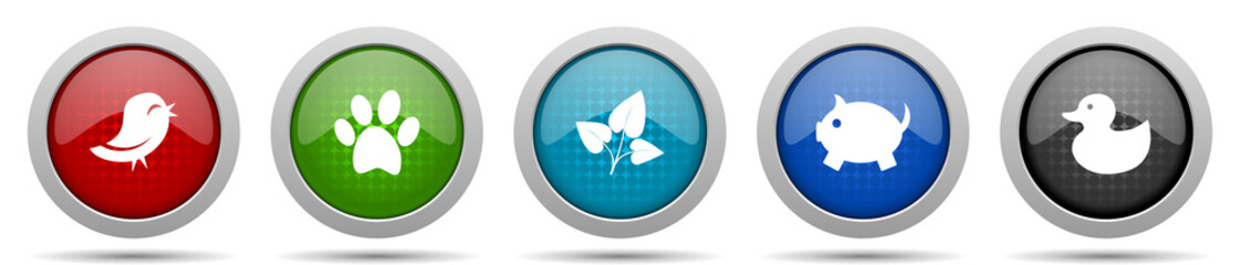 Poster - Nature icons, miscellaneous buttons such as bird, animal, leaf, pig and duck, circle glossy web icon collection