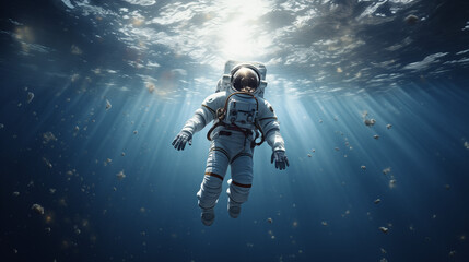 an astronaut in a spacesuit floating in water with blue sky future cosmic travel concept. the concep
