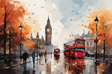 Fototapeta Big Ben - Autumn rainy London, Big Ben painted in watercolor on textured paper. Digital watercolor painting