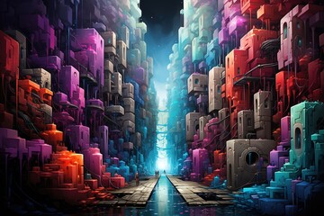 Wall Mural - Abstract background, multi colored cube shaped blocks, video game design. Surreal sky fi landscape.