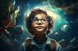 A smart boy in round glasses fantasizes about distant fantasy worlds, planets, space, the universe. Positive child, schoolboy against the background of multi-colored galaxies and nebulae.