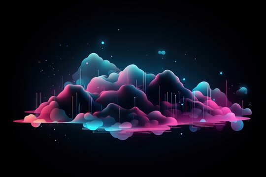 Digital abstract background, neon clouds, mountains, simple geometric shapes. Points and lines of neural connections.