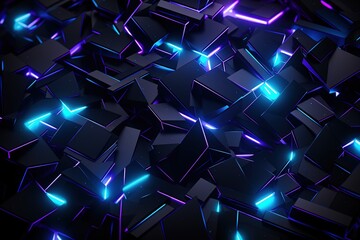 Wall Mural - Abstract background black cubic square shaped blocks illuminated with pink and blue neon lights. Virtual immersive space, complex information data structure.