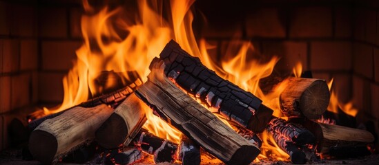 Wall Mural - Close-up of burning firewood in a fireplace.