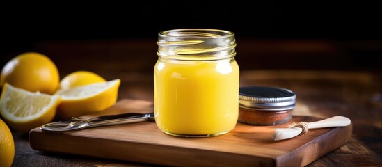 Sticker - A jar of lemon curd sits on a wooden cutting board next to Meyer lemons, a sweet and tangy ingredient perfect for making Aguas frescas or adding flavor to drinks