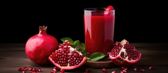 Canvas Print - A glass of pomegranate juice sits on a wooden table surrounded by fresh pomegranates. The liquid is a natural drink made from the fruit, a popular ingredient in many food products