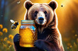 beautiful cute pleasant smile of brown bear, jar of honey in hand, bee art. Bees fly around, an apiary.
