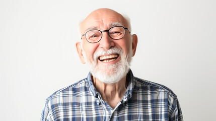 An old man with a beard and glasses is smiling and wearing a plaid shirt