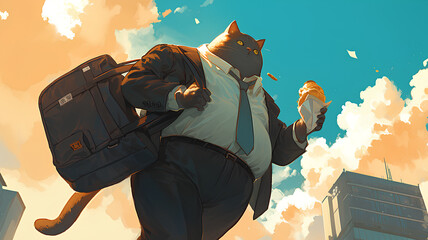 Wall Mural - fat cat carrying snacks wearing formal office suit