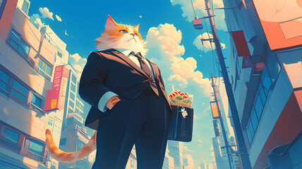 fat cat carrying snacks wearing formal office suit