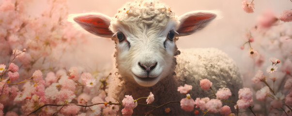 Wall Mural - Spring Lambs portrait. Sheep on green farm with flowers background.