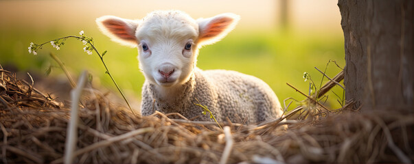 Spring Lambs portrait. Sheep on green farm with flowers background.