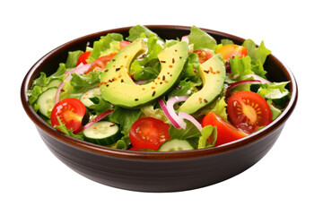 Wall Mural - Avocado Salad, a colorful salad made with vegetables such as tomatoes, cucumbers, and lettuce, topped with a honey-lime vinaigrette. Focus on freshness Isolated on transparent background.