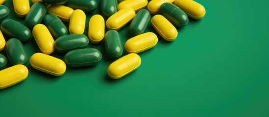 Poster - A collection of yellow and green pills scattered on a vibrant green surface, resembling the colors of natural foods and vegetables found in local cuisine