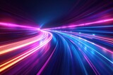 Fototapeta Przestrzenne - Network. futuristic highway in city at night with bright blue and purple neon light background, high speed technology line with dynamic light effect, internet network concept