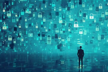 Wall Mural - Firewall. A man stand in front of a wall of blue lock. The lock are all different size and shape, and they are all open, virus protection, internet technology, cybersecurity concept