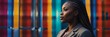© Arceli - Portrait of black african businesswoman on colorful abstract tech concept background, banner template background mockup illustration from Generative AI