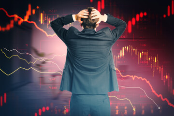 Sticker - Back view of stressed young european businessman with abstract downward red forex chart on blurry background. Crisis, recession and economic fall concept. Double exposure.