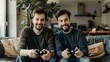 Twin brothers enjoying a video game together at home. casual and fun gaming session. bonding time captured in a warm, cozy setting. AI