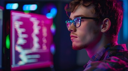 Focused young man coding late at night, illuminated by screen glow. modern programmer lifestyle. capturing the essence of innovation and technology. AI