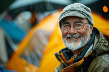 Wall Mural - man with a gray beard and glasses is smiling in front of a yellow tent, wearing a jacket and a hat. Happy man smiling while enjoying an active lifestyle in nature and outdoor camping in the rain