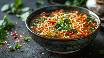 Sticker - Chinese noodle soup on a white plate dark background