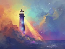 An Enchanting Lighthouse Beam Guides Ships To Harbor Under The Accepting Rainbow Glow Against Pastel Skies.