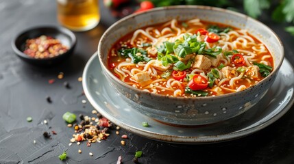 Sticker - Chinese noodle soup on a white plate dark background