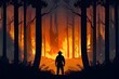 a silhouette of a man person standing in front of a forest wildfire. woods and house burning. maui hawaii nature catastrophe. dark night outside. pc desktop wallpaper background 16:9.Generative AI