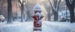 A red fire hydrant stands tall, covered in a blanket of snow on a quiet winter street, surrounded by snowcovered trees and freezing precipitation