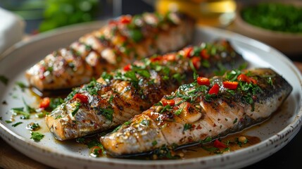 Wall Mural - horse mackerel with txakoli on a white plate