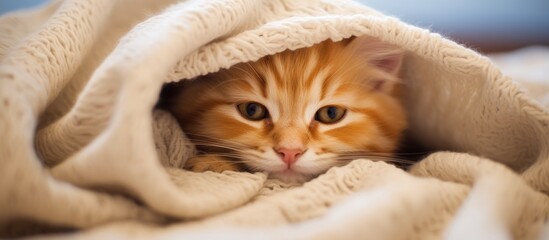 Canvas Print - A small Felidae, the kitten, is seeking comfort under a blanket on a bed. With its whiskers and fur, this carnivorous terrestrial animal blends in like a fawn