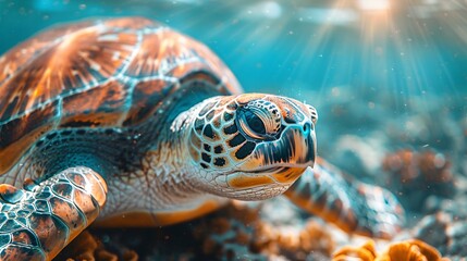 Wall Mural - a realistic turtle in turquoise water, underwater shot, sun rays filtering through the water