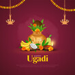 Greeting card with Kalash and traditional food pachadi with all flavors for Indian New Year festival Ugadi, Gudi Padwa. Vector illustration.