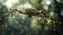 Close-up Of A Spider On A Web With Dewdrops, Backlit By Soft Morning Light.