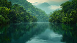 Fototapeta Do akwarium - lake in the mountains, lake in the forest, A serene and picturesque mountain lake surrounded by lush greenery in the summer photograph