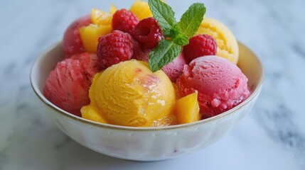 Wall Mural - Bowl of colorful fruit sorbet with fresh berries and kiwi. Summer dessert concept.