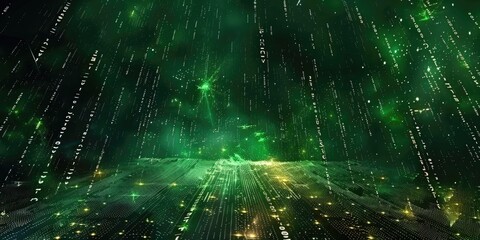Digital data stream visualisation with green matrix code.