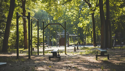 Wall Mural - Outdoor gym situated in a scenic park - seamlessly blending fitness routines with natural surroundings - equipped with eco-friendly exercise equipment and surrounded by picturesque running trails.